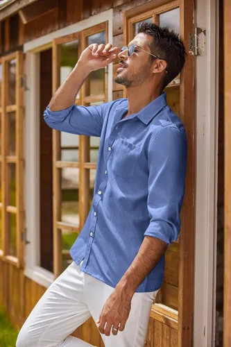 Vista 18 de COOFANDY Camisa Oxford de manga larga con botones para hombre, camisas de vestir de ajuste regular