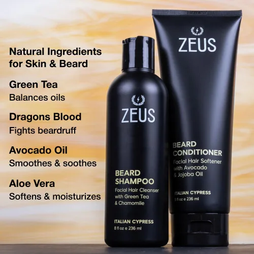 Vista 3 de ZEUS Set de lavado de barba para hombres, champú y acondicionador con té verde, manzanilla y aceites esenciales para hidratar, suavizar y fortalecer