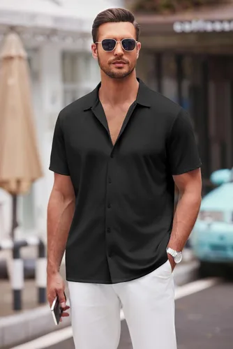 Vista 5 de COOFANDY Camisa casual con botones para hombre, manga corta, sin arrugas, camisa de verano Negro
