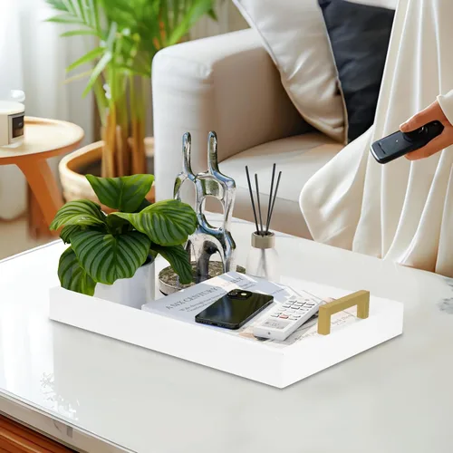 Vista 5 de MAONAME Bandeja de Servir de Madera con Asas, Bandeja Decorativa Blanca para Mesa de Café, Bandeja Rectangular Moderna, Bandeja Otomana de Madera