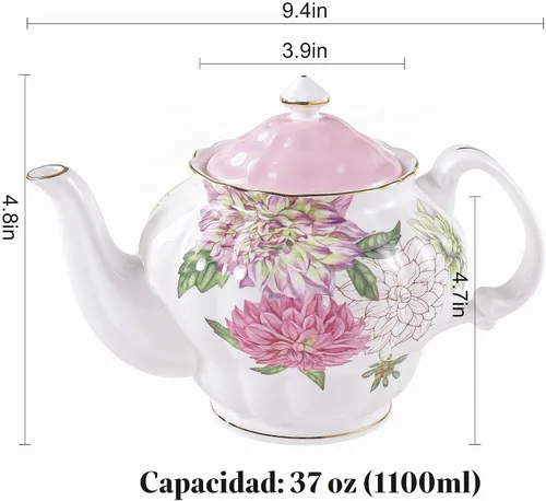 Vista 8 de Tetera de porcelana de hueso, teaset inglés, diseño floral de dalia con borde dorado, 37 onzas