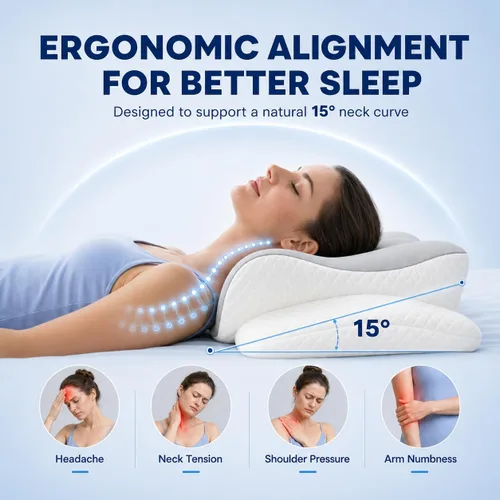 Vista 3 de Almohada cervical de mariposa para dormir, almohada ergonómica de contorno de espuma viscoelástica con soporte para cuello y hombros, almohada Blanco