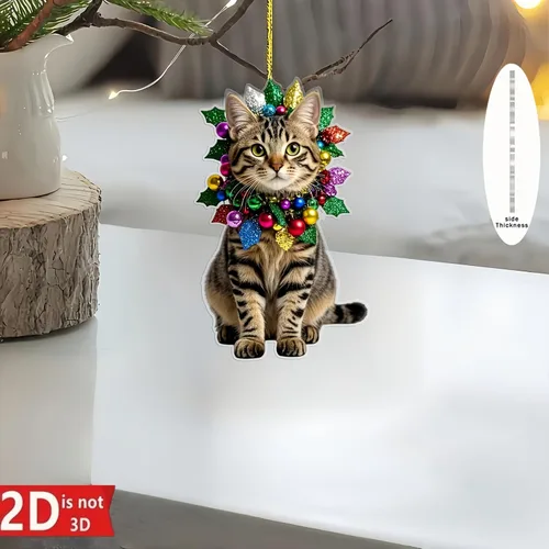 Vista 6 de Adorno colgante de Navidad de gato atigrado acrílico con lazo para interior del automóvil, llavero, mochila, hogar, jardín, patio y fiesta