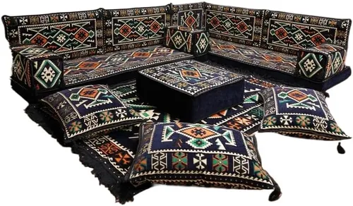 Vista 73 de arabicsofa Juego de asientos Jalsa en forma de L – Majlis árabe hecho a mano con almohadas de respaldo