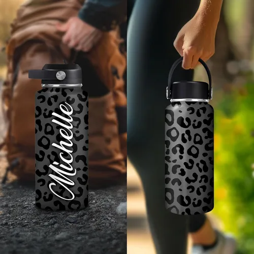 Vista 6 de Hyturtle Botella de agua personalizada de leopardo, botella de acero inoxidable aislada con tapa a prueba de fugas, 18 onzas, 32 onzas, regalo