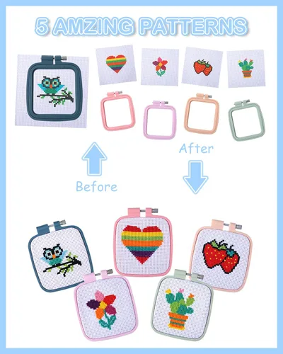 Vista 3 de Pllieay 5 kits de punto de cruz para principiantes para niños de 7 a 13 años, incluye 5 proyectos estampados y 5 aros de bordado cuadrados, 11