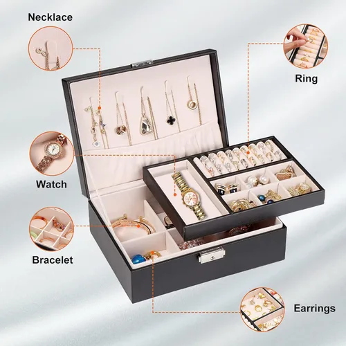 Vista 3 de YEEKEN Joyero organizador para mujeres y niñas, 2 capas grandes con cerradura, regalo ideal de piel sintética con bandeja extraíble para collares