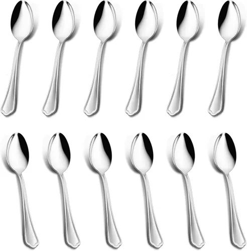 Vista 3 de E-far - Juego de 12 cucharaditas de acero inoxidable de 6.7 pulgadas para cocina o restaurante, no tóxicas y pulidas con espejo, borde festoneado