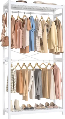 Vista 9 de Homykic Perchero de bambú para colgar ropa, perchero resistente con estantes ajustables de 7 niveles, varillas dobles, 4 ganchos, sistema de armario