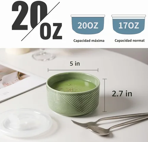 Vista 2 de Cuencos de cerámica con tapas: recipientes de almacenamiento de alimentos aptos para microondas de 20 onzas para sopa, ensalada, cereales, sobras