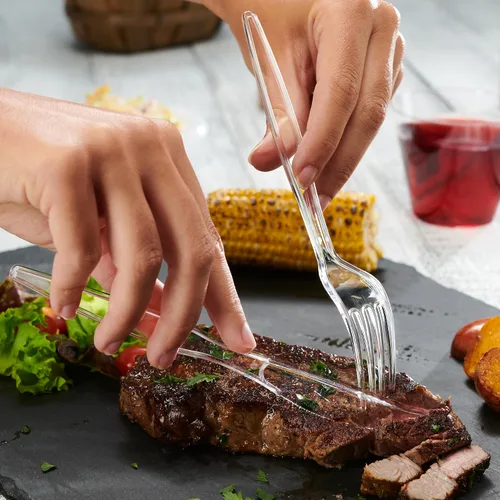 Vista 3 de GUSTO [Paquete combinado de 360 unidades] cubiertos básicos de plástico transparente, utensilios desechables pesados, 180 tenedores, 120 cucharas