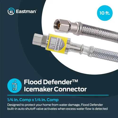 Vista 2 de Eastman Conector para máquina de hielo, compresión de 1/4 de pulgada, válvula de cierre automático Flood Defender, manguera de acero inoxidable