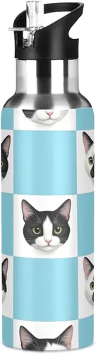 Vista 8 de Insulated Stainless Steel Water Bottle with Straw 32 Oz, BPA-Free Sport Water Bottle Insulated for Gym Outdoor Travel School, Black White Cat