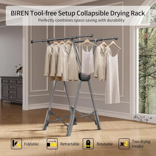 Vista 2 de BIREN Estante de secado de ropa resistente, estante plegable para ropa sucia, dos modos de secado, estantes para secar ropa, longitud ajustable