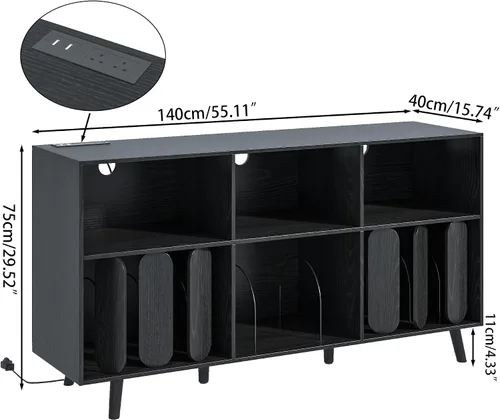 Vista 2 de Oubayajia Soporte Grande para Tocadiscos, Soporte de Almacenamiento de Discos de Vinilo, Mesa para Tocadiscos con Toma de Corriente, Soporte