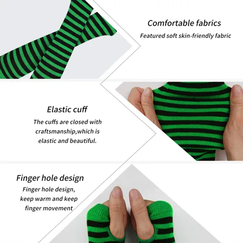 Vista 4 de Benefeet Sox Conjunto de calcetines altos hasta el muslo a rayas arcoíris para mujer, calentadores de brazos, guantes sin dedos, disfraz