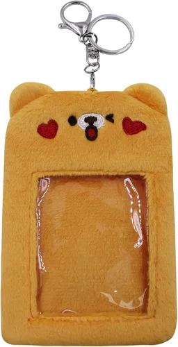 Vista 14 de JUMISEE Lindo soporte de tarjeta de fotos Kpop de felpa con llavero, funda de foto de oso de dibujos animados, protector de tarjeta de crédito