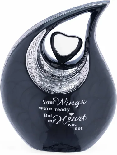 Vista 8 de Gran urna de lágrima negra con corazón plateado para cenizas humanas masculinas - Urnas para hombres y mujeres adultos - Urnas de cremación