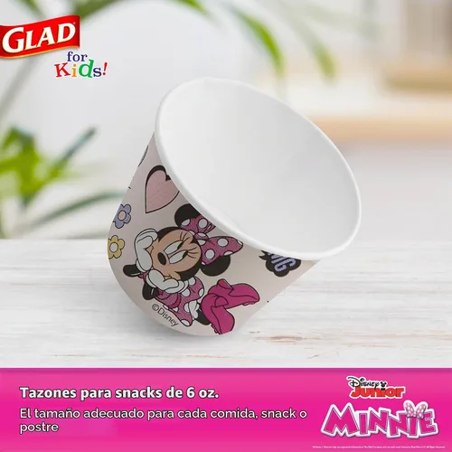 Vista 2 de Glad para niños Disney Mickey y amigos, cuencos desechables de papel para aperitivos, sin tapas, Minnie rosa - resistente, apto para microondas