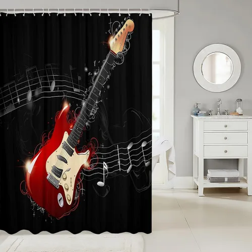 Vista 2 de Erosebridal Cortina de ducha de guitarra para niños, con notas musicales, cortina de ducha temática de música rock, juegos de baño de 72 pulgadas