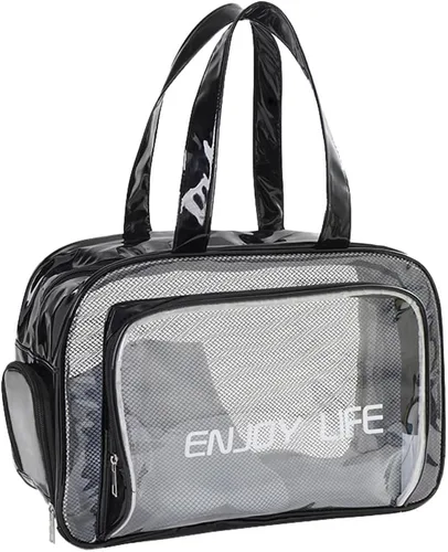 Vista 8 de Neceser de viaje, bolsa de aseo transparente con asa, bolsa de maquillaje impermeable para playa, viajes, gimnasio, Negro