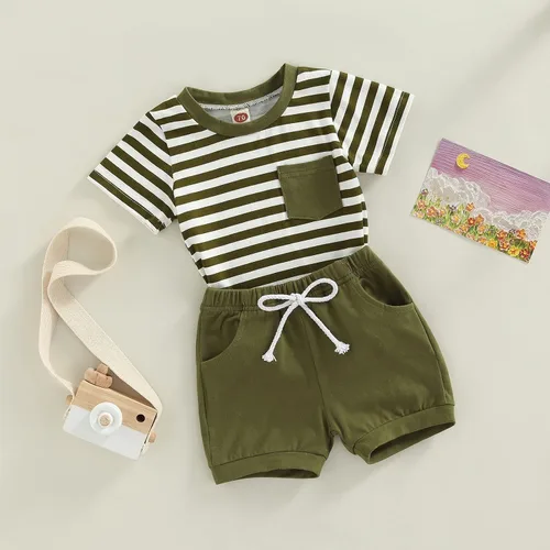 Vista 3 de Conjunto de ropa casual de manga corta con botones y pantalones cortos de lino para bebés y niños pequeños