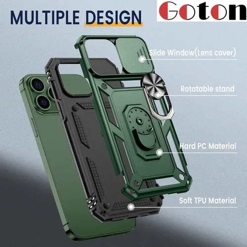 Vista 3 de Goton Armor - Funda para iPhone 13 Pro Max con soporte para cámara deslizante y soporte de grado militar resistente con soporte magnético