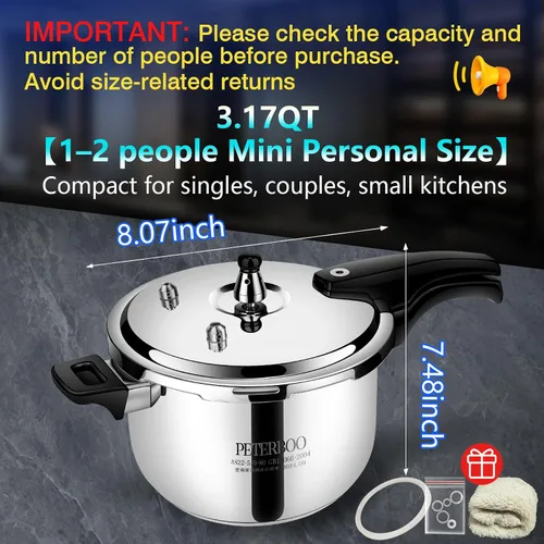 Vista 2 de Olla a presión de acero inoxidable de 3 cuartos pequeña, 8 en 1, compatible con inducción, más de 8 características de seguridad, estufa
