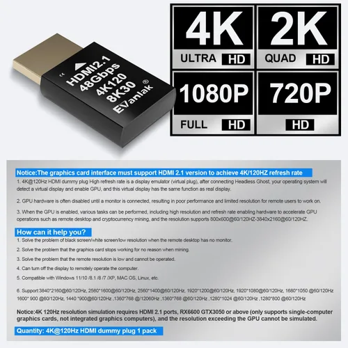 Vista 5 de EVanlak 4K 120Hz HDMI 2.1 Dummy Plug edid Headless - Emulador de pantalla virtual de alta resolución para PC, auriculares VR minería