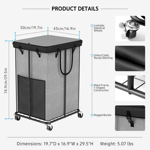 Vista 3 de Cestos grandes para la ropa sucia con tapa, cestas de tela Oxford, marco de metal y diseño de bolsa extraíble con ruedas, adecuadas para dormitorio