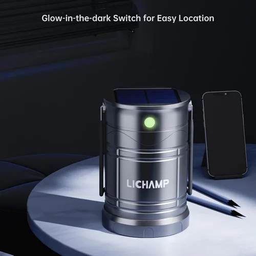 Vista 7 de Lichamp 1 paquete de linterna de camping solar, linternas LED recargables por USB, lámparas de batería con tres modos de alimentación para cortes