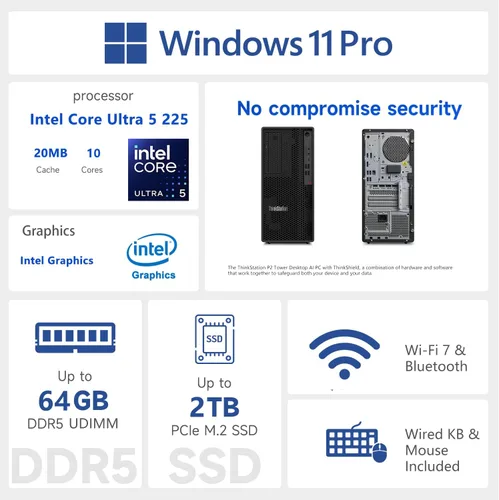 Vista 2 de Lenovo ThinkStation P2 Tower PC AI de escritorio, Intel Core Ultra 5 225, 64 GB DDR5, SSD de 2 TB, Wi-Fi 7, compatible con 3 pantallas 4K, HDMI, DP