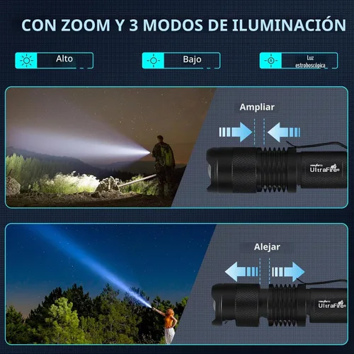 Vista 4 de UltraFire Pack de 5 linternas tácticas y pequeñas SK68, linterna de bolsillo de 7 W, 3 modos, foco ajustable, con zoom