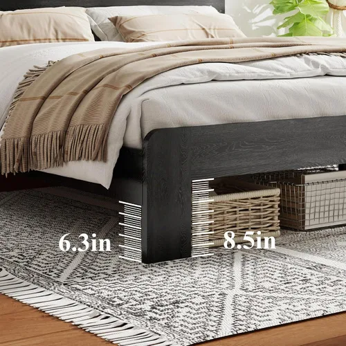 Vista 6 de Marco de cama de madera tamaño King con cabecera, base de cama de plataforma estilo granja rústica con soporte de listones de madera, resistente