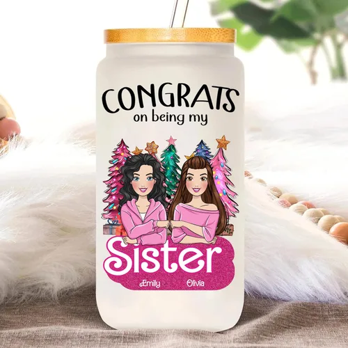Vista 3 de Gossby Vaso de vidrio personalizado de 16 onzas con tapa, pajita, regalo de amistad personalizado para mujeres, mejores amigas con diseño, nombres