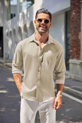 Vista 3 de COOFANDY Camisa de lino con botones para hombre, de manga larga, informal, para playa, con bolsillo