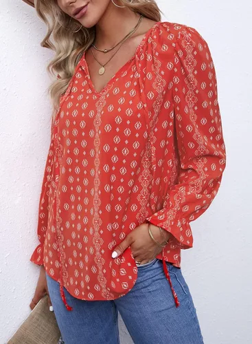 Vista 2 de Dokotoo - Blusa informal, bohemia y con estampado floral para mujer, camiseta con cuello en V, con cordón, blusas de manga corta y manga larga