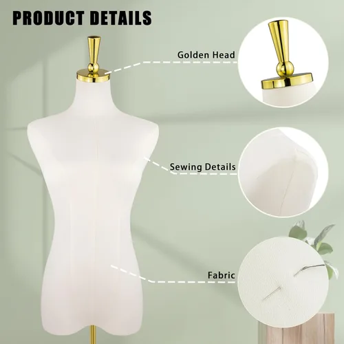 Vista 3 de Torso de maniquí femenino, 53-73 pulgadas de altura ajustable, maniquí para mujer con soporte de metal dorado, para coser y exhibir color beige