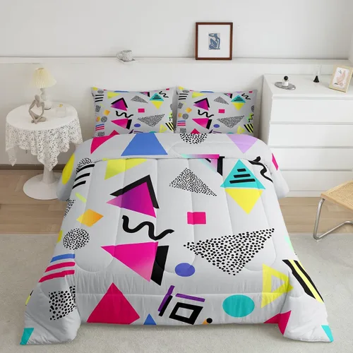 Vista 36 de Juego de edredón de estilo retro de los años 80, juego de ropa de cama de patrón geométrico abstracto, diseño urbano moderno con círculos