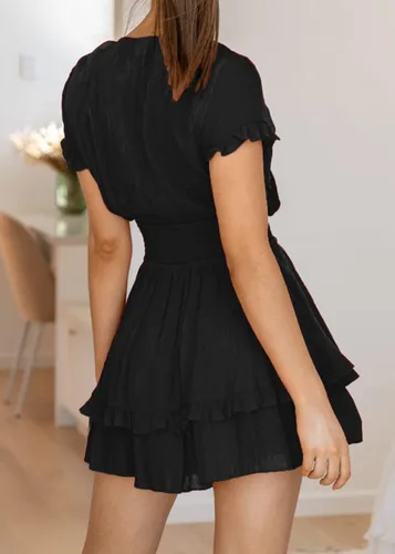 Vista 4 de PRETTYGARDEN - Mini vestido de verano con vuelo para mujer Vestido corto acampanado con cuello en V y manga corta con volantes en la parte delantera