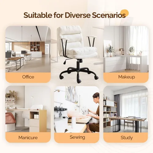 Vista 9 de VINGLI Silla de escritorio acolchada blanca con/sin ruedas, base doble, reposabrazos removibles, silla giratoria ajustable y cómoda para Blanco