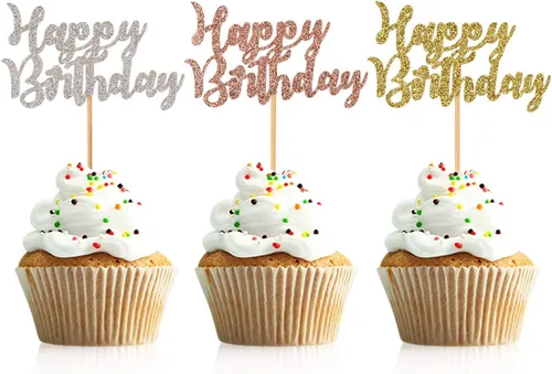 Vista 5 de 48 piezas de decoración para cupcakes de feliz cumpleaños, color negro, con purpurina, suministros de decoración de fiesta de cumpleaños