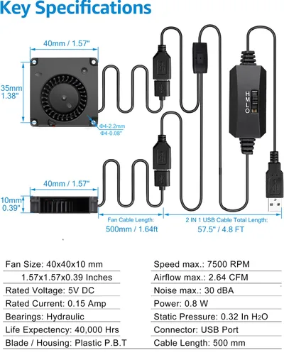 Vista 5 de GDSTIME - Ventilador USB de 1.575 in con control de 3 velocidades, alimentación de 5 V CC, paquete de 2 Hydraulic Bearing, L/M/H Adjustable