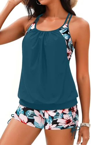 Vista 14 de Holipick Trajes de baño tankini de dos piezas con control abdominal, top de baño tipo blusa con shorts estilo boy shorts Verde Aqua