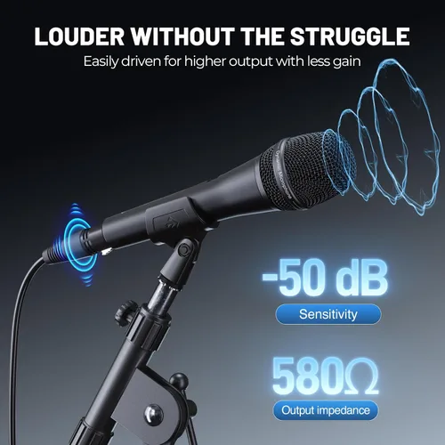 Vista 4 de Phenyx Pro Micrófono vocal, micrófono dinámico supercardioide con cable XLR de 16.4 pies, clip para micrófono, bolsa de almacenamiento, micrófono