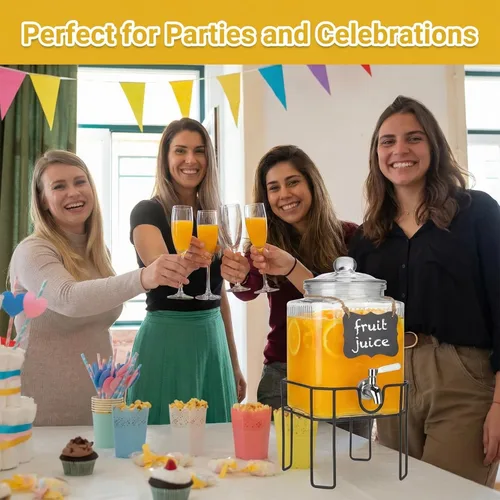 Vista 7 de Dispensador de bebidas, dispensadores de bebidas para fiestas, dispensador de bebidas de vidrio de 1 galón con soporte y tapa de vidrio, grifo 100%