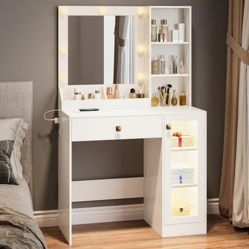 Vista 9 de Wodeer Pequeño escritorio de maquillaje con espejo y luces, tocador con armario de cristal, luces LED y toma de corriente, cajón y gabinetes