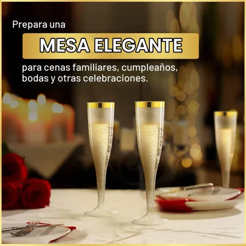 Vista 7 de 36 copas de champán de plástico, vasos de plástico de 6.5 onzas, borde dorado y purpurina dorada, decoración de brunch, flautas de plástico