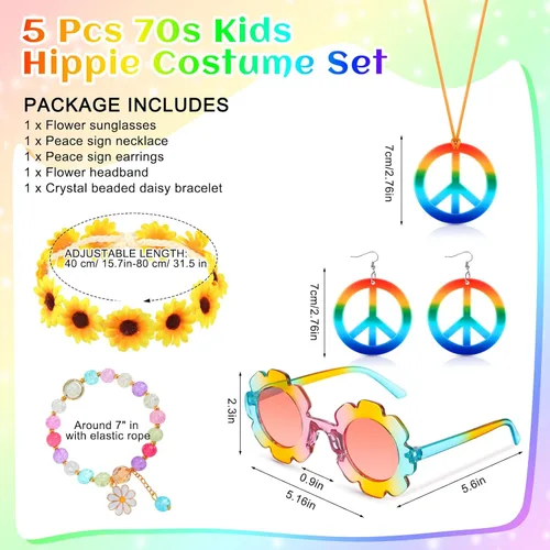 Vista 3 de Tondiamo 5 Pcs Kids Hippie Costume Accessories 60s 70s Toddler Girl Outfit Boho Peace Sign Daisy Flower for Halloween Cosplay