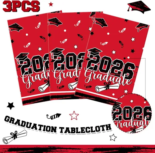 Vista 3 de Decoraciones de fiesta de graduación para clase de 2026, manteles de graduación rojos y negros, 3 manteles de plástico desechables para suministros